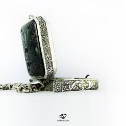 Black Yemeni Agate With Hand Engraved Silver Box For Islamic Hirz And Talisman As Necklaces