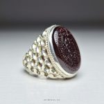 Hand Engraved Dark Red Yemeni Aqeeq Men Silver Ring