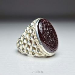 Hand Engraved Dark Red Yemeni Aqeeq Men Silver Ring