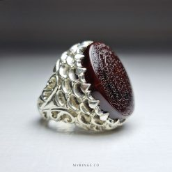 Ayatul Kursi On Red Aqeeq With Men Silver Ring