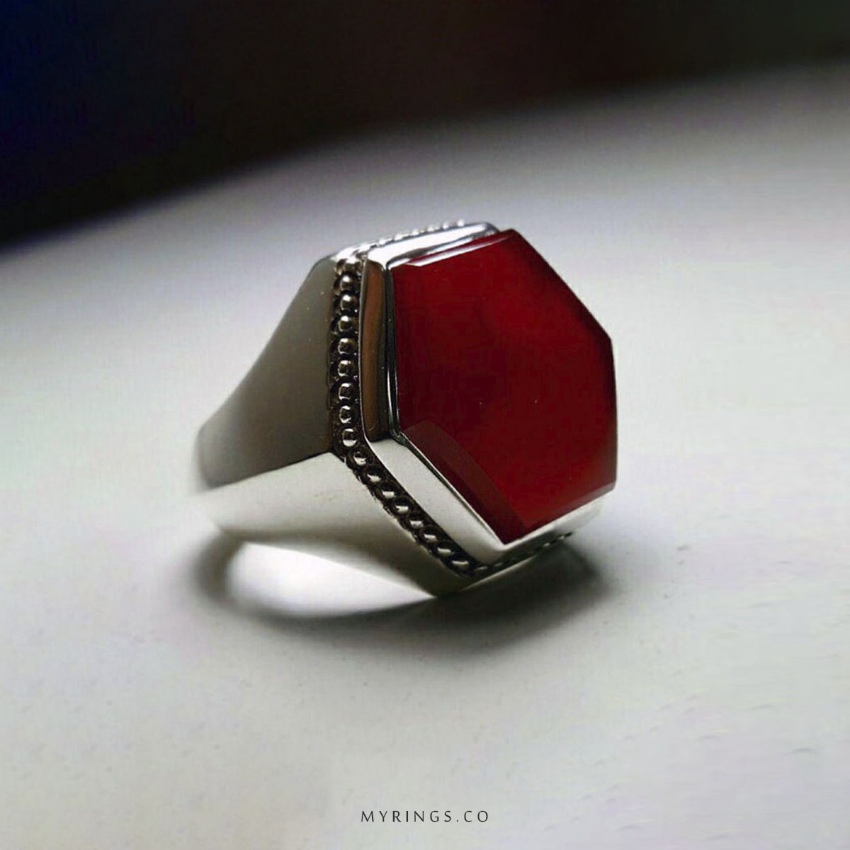 MR0313-Yemeni-Agate-With-Handmade-Silver925-Ring-MyRings.Co(1) Hexagonal Red Yamani Aqeeq With Silver Ring MR0313 - Image 1