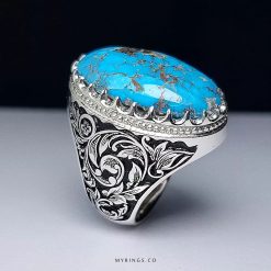 Handcrafted Sterling Silver Ring with Engraved Floral Design and Genuine Neyshabur Turquoise MR0436