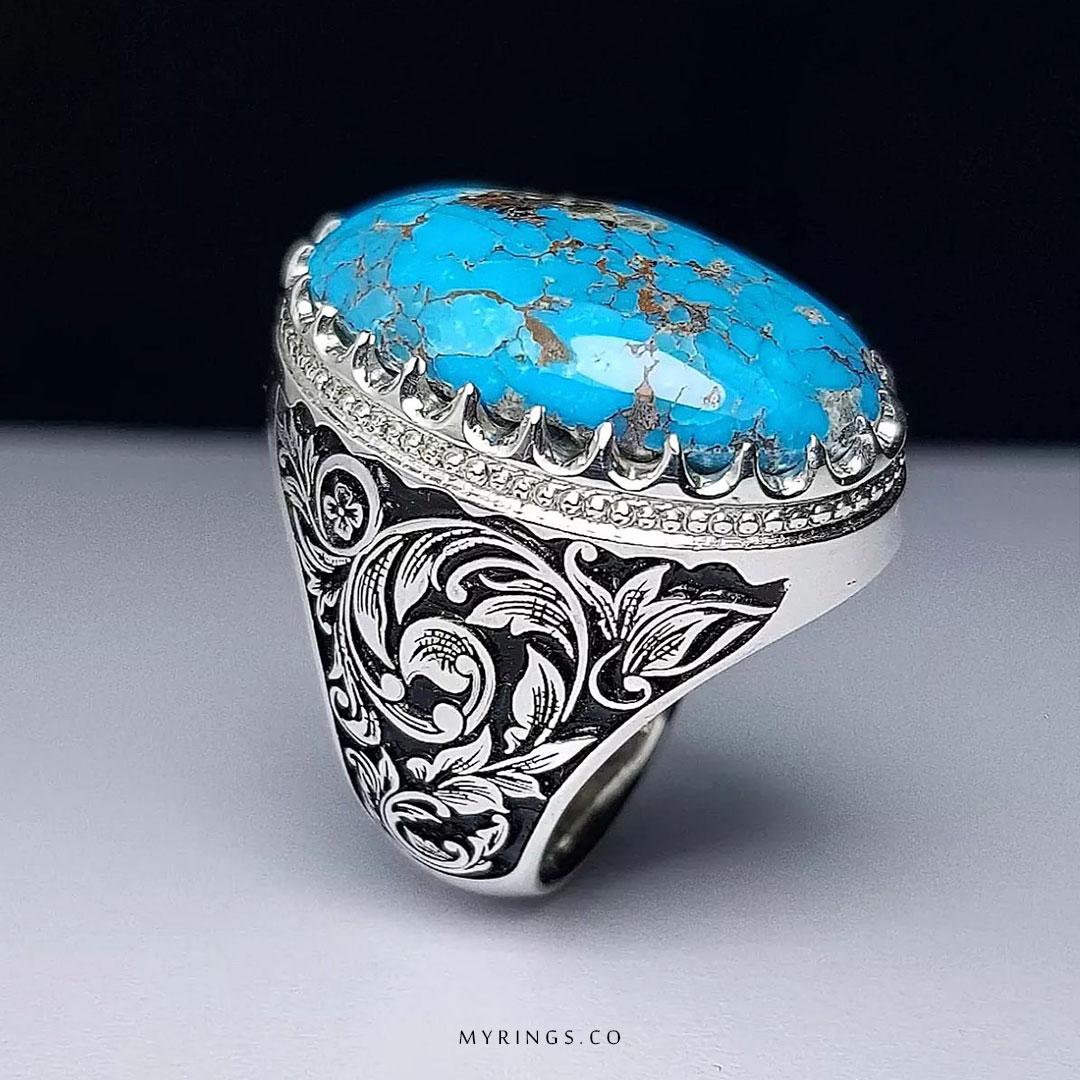 MR0436-Neyshabuori-Turquoise-Ring-1 Handcrafted Sterling Silver Ring with Engraved Floral Design and Genuine Neyshabur Turquoise MR0436