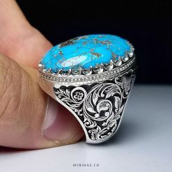 Handcrafted Sterling Silver Ring with Engraved Floral Design and Genuine Neyshabur Turquoise MR0436