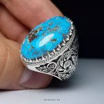 Handcrafted Sterling Silver Ring with Engraved Floral Design and Genuine Neyshabur Turquoise MR0436