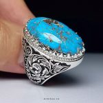Handcrafted Sterling Silver Ring with Engraved Floral Design and Genuine Neyshabur Turquoise MR0436