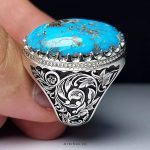 Handcrafted Sterling Silver Ring with Engraved Floral Design and Genuine Neyshabur Turquoise MR0436