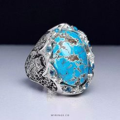 Handcrafted Silver Ring with Floral Engravings and Genuine Neishabour Turquoise Gemstone MR0437