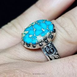 Handmade 925 Silver Ring with Genuine Neyshabur Turquoise and Golden Veins MR0438