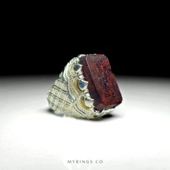 Elegant 925 Silver Ring with Natural Hematite Stone Featuring Seven Jalal and Ayat al-Kursi Engravings
