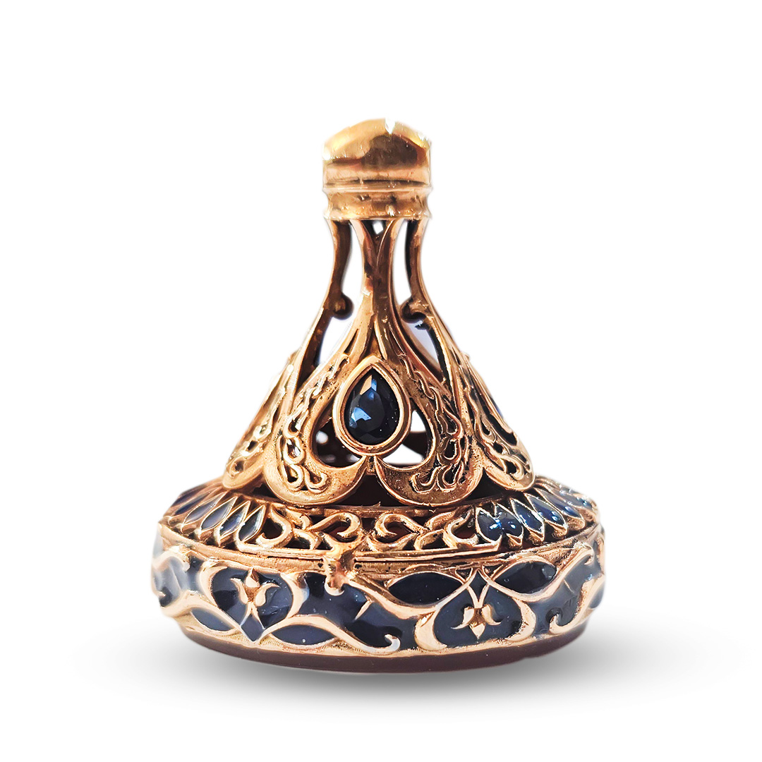 R0500-Signet-Seal-Stamp-1 Enamel-Decorated Bronze Signet Stamp with Engraved Agate and Sapphire-Tone Teardrop Accents R0500
