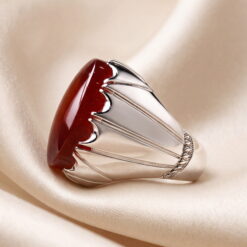 Side profile of the red Yemeni agate silver ring, showing the stone in its setting