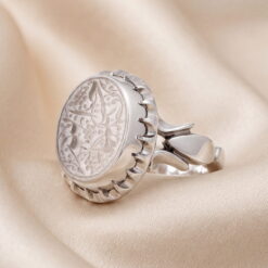 Handmade sterling silver ring set with a clear Dur al-Najaf stone hand-engraved with Hasbi Allah